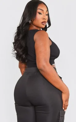 Plus Black Snatched Rib Diamante Hem Top