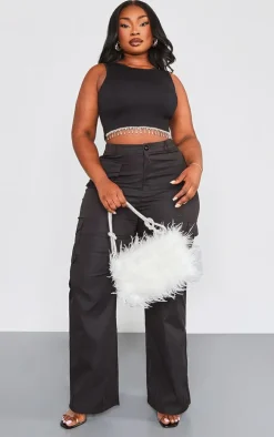 Plus Black Snatched Rib Diamante Hem Top