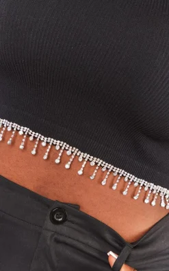 Plus Black Snatched Rib Diamante Hem Top
