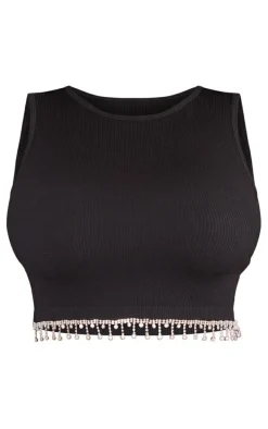 Plus Black Snatched Rib Diamante Hem Top