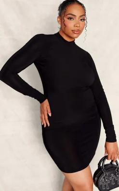 Plus Black Soft Touch Long Sleeve Cut Out Back Mini Dress