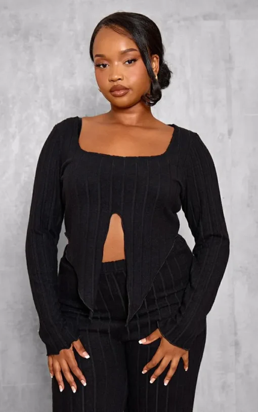 Plus Black Soft Touch Ribbed Long Sleeve Top