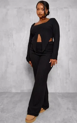 Plus Black Soft Touch Ribbed Long Sleeve Top