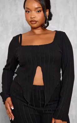Plus Black Soft Touch Ribbed Long Sleeve Top