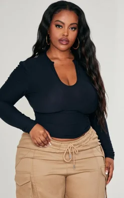 Plus Black Soft Touch V Neck Long Sleeve Top