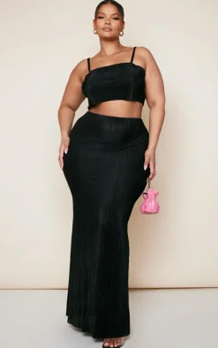 Plus Black Strappy Plisse Crop Top