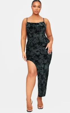 Plus Black Strappy Ruched Devore Midi Dress