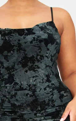 Plus Black Strappy Ruched Devore Midi Dress