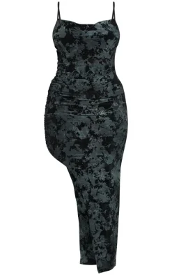 Plus Black Strappy Ruched Devore Midi Dress