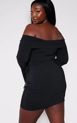 Plus Black Stretch Woven Fold Bardot Wrap Bodycon Dress