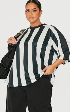 Plus Black Striped Oversized Football T-shirt