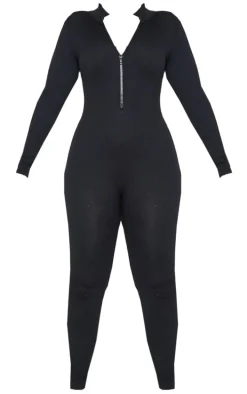 Plus Black Structured Snatched Rib High Neck Jumpsuit