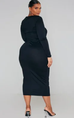 Plus Black Sweetheart Neck Long Sleeve Midi Dress