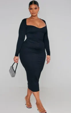 Plus Black Sweetheart Neck Long Sleeve Midi Dress