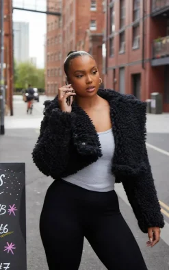 Plus Black Teddy Faux Fur Cropped Coat