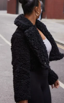 Plus Black Teddy Faux Fur Cropped Coat