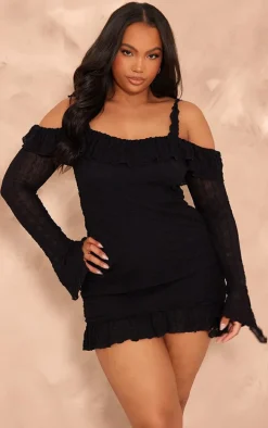 Plus Black Textured Bardot Frill Hem Bodycon Dress