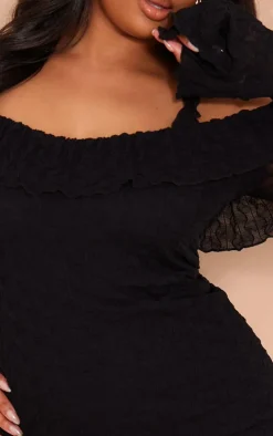 Plus Black Textured Bardot Frill Hem Bodycon Dress