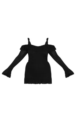 Plus Black Textured Bardot Frill Hem Bodycon Dress
