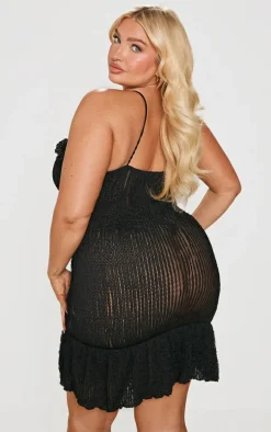 Plus Black Textured Frill Hem Cut Out Mini Dress