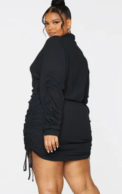 Plus Black Textured Ruched Side Shirt Dress