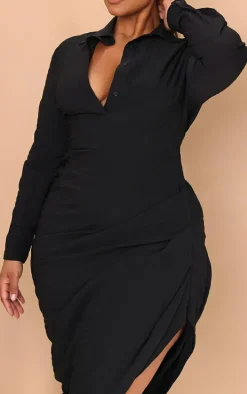 Plus Black Textured Ruched Side Midi Shirt Dress