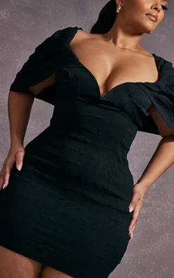 Plus Black Textured V Bar Bodycon Dress