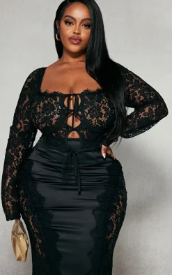 Plus Black Tie Front Lace Corset Top