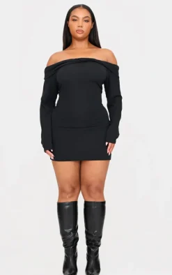 Plus Black Twist Front Bardot Ribbed Mini Dress