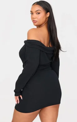 Plus Black Twist Front Bardot Ribbed Mini Dress