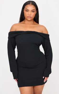 Plus Black Twist Front Bardot Ribbed Mini Dress