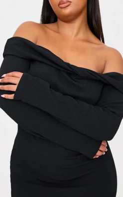 Plus Black Twist Front Bardot Ribbed Mini Dress