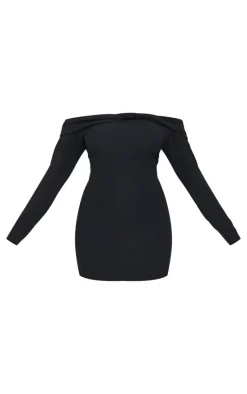 Plus Black Twist Front Bardot Ribbed Mini Dress