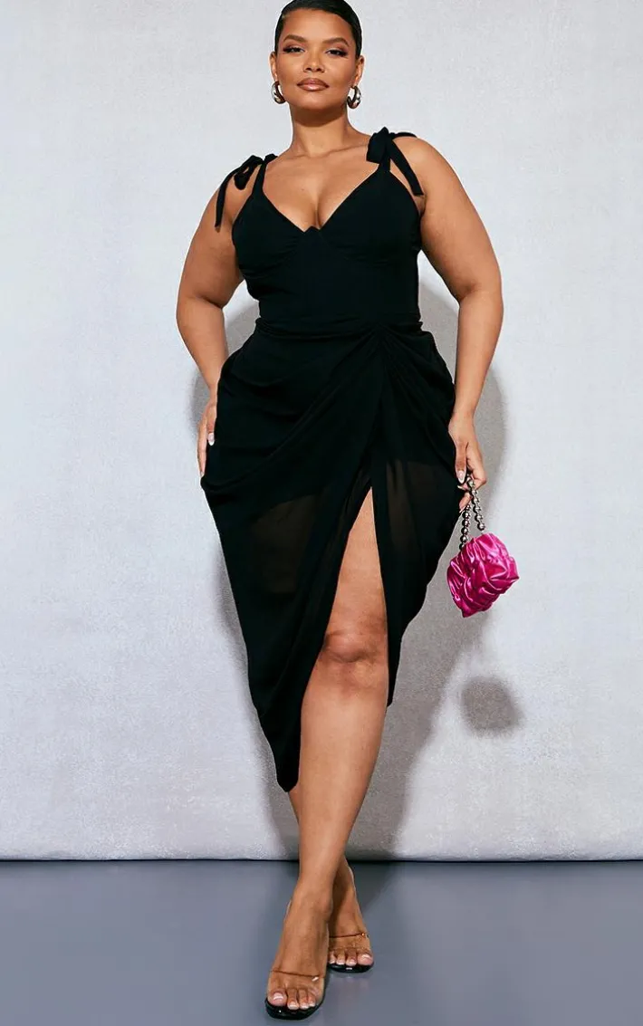 Plus Black Underwire Detail Draped Midi Dress