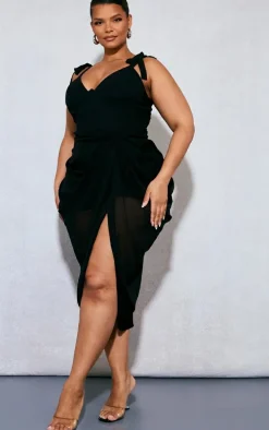 Plus Black Underwire Detail Draped Midi Dress