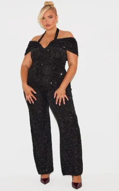 Plus Black Velour Sequined Bardot Halter Neck Strap Jumpsuit