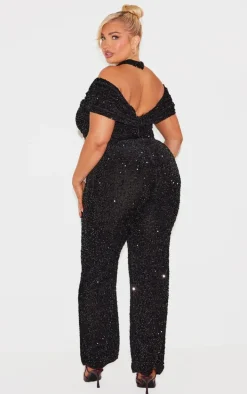 Plus Black Velour Sequined Bardot Halter Neck Strap Jumpsuit