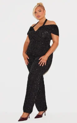Plus Black Velour Sequined Bardot Halter Neck Strap Jumpsuit