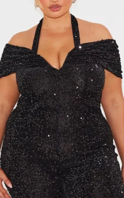 Plus Black Velour Sequined Bardot Halter Neck Strap Jumpsuit