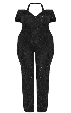 Plus Black Velour Sequined Bardot Halter Neck Strap Jumpsuit