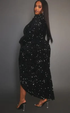 Plus Black Velvet Sequin High Neck Draped Midi Dress