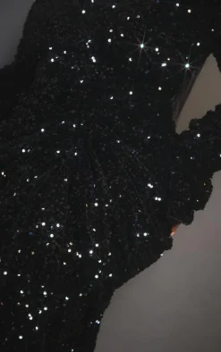 Plus Black Velvet Sequin High Neck Draped Midi Dress