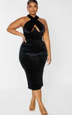Plus Black Velvet Underwired Cross Front Midi Dress