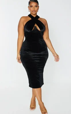 Plus Black Velvet Underwired Cross Front Midi Dress