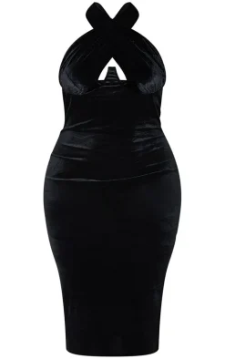 Plus Black Velvet Underwired Cross Front Midi Dress