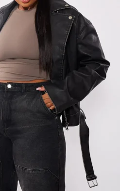 Plus Black Vintage Faux Leather Oversized Zip Up Biker Jacket