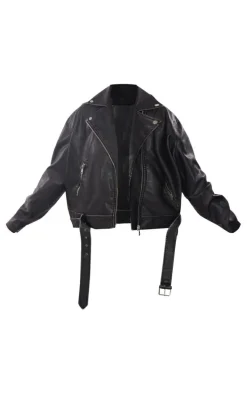 Plus Black Vintage Faux Leather Oversized Zip Up Biker Jacket