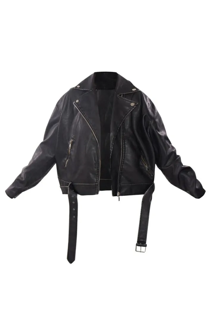Plus Black Vintage Faux Leather Oversized Zip Up Biker Jacket