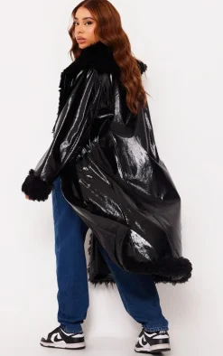 Plus Black Vinyl Faux Fur Detail Maxi Coat