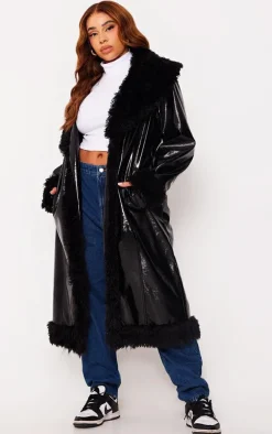 Plus Black Vinyl Faux Fur Detail Maxi Coat